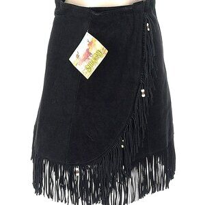NWT Vintage Steer Brand Leather Suede Wrap Fringe Skirt Black Western 80s L XL
